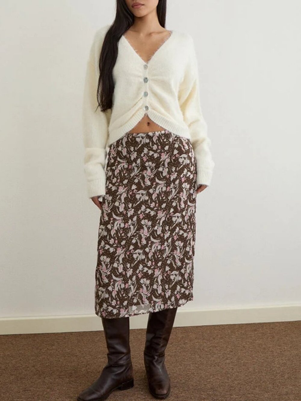 Motel Nimas Brown Pink Polka Flower Chiffon Midi Skirt NWT Size S